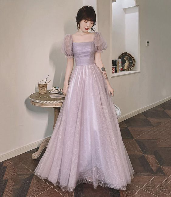 Purple tulle long A line prom dress evening dress C1791