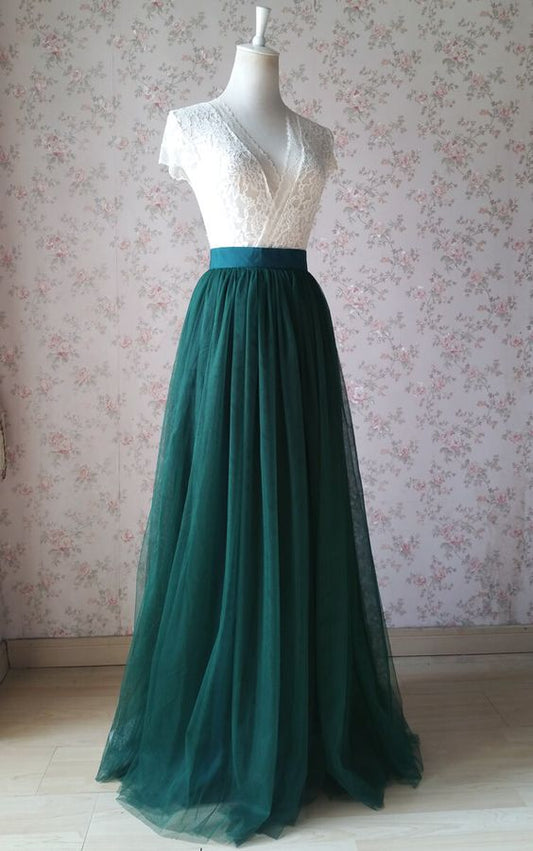 Dark Green Tulle And White Lace Top Prom Dress C2013