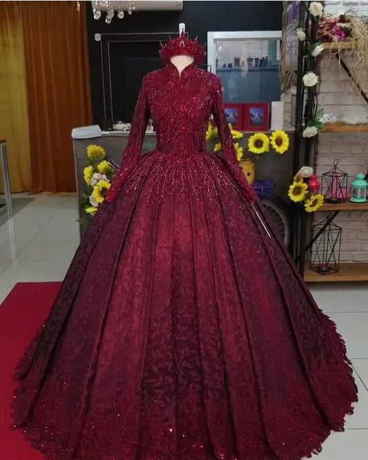 Plus Size Arabic Muslim Burgundy Lace Beaded Prom Dresses Ball Gown Long Sleeves Sweet 16 Dresses C49