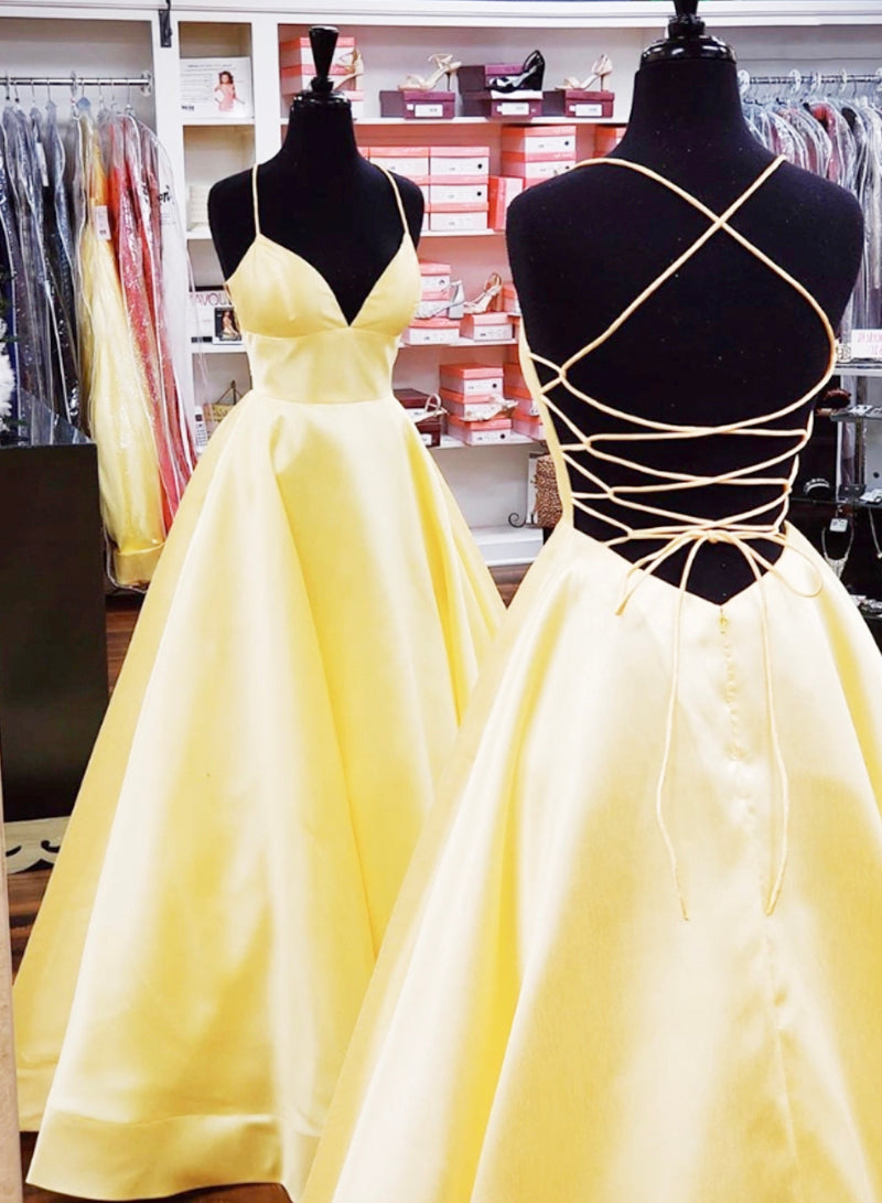 Yellow satin long prom dress, yellow evening dress  C2138