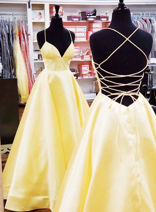 Yellow satin long prom dress, yellow evening dress  C2138
