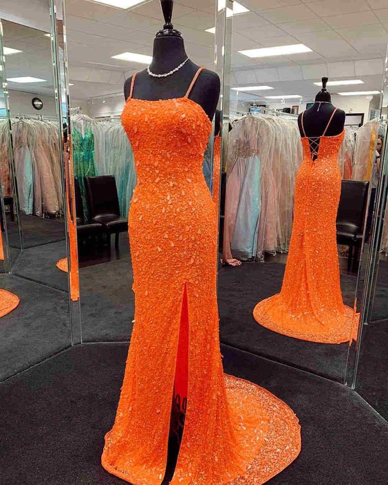 Mermaid Sequined Orange Prom Dress with Slit C2016
