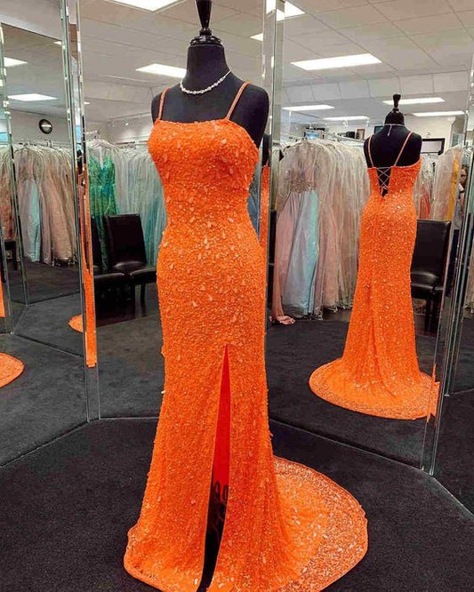 Mermaid Sequined Orange Prom Dress with Slit C2016
