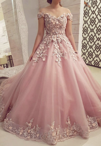 Pink tulle appliqué long ball gown dress formal dress C1348