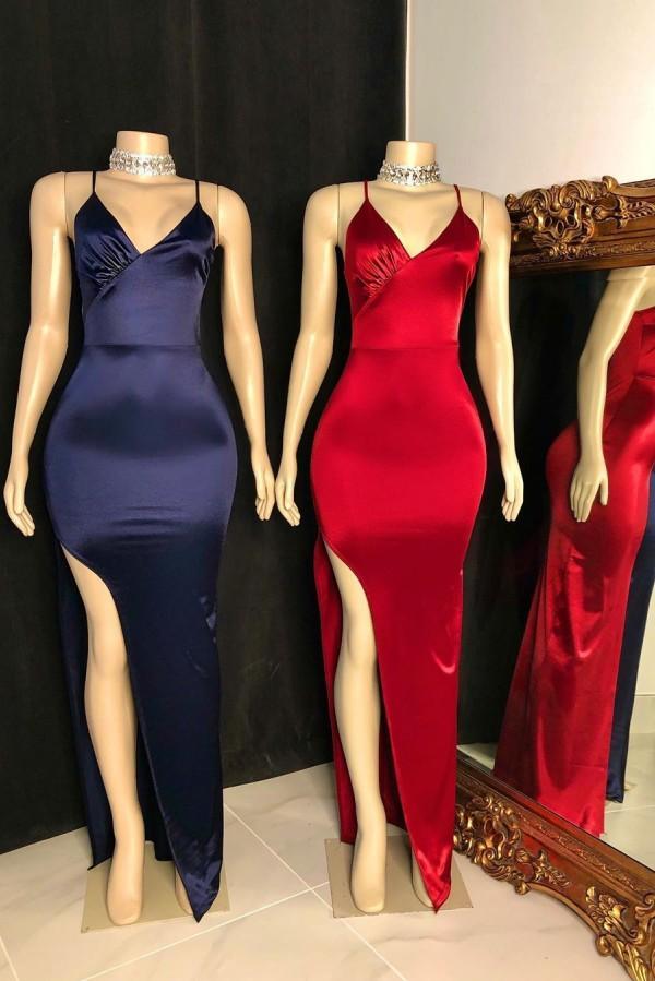 Classic V-Neck Spaghetti Front Slit Satin Mermaid Prom Dresses C2004