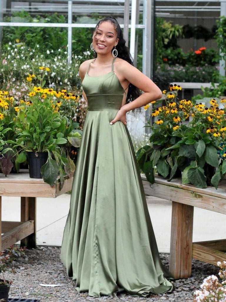 Simple green satin long prom dress, green evening dress  C2071