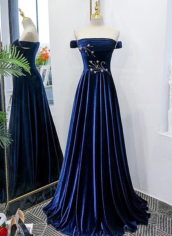 Blue Velvet Beaded Elegant Off Shoulder Evening Dress, Blue Long Prom Dress Party Dress  C1751