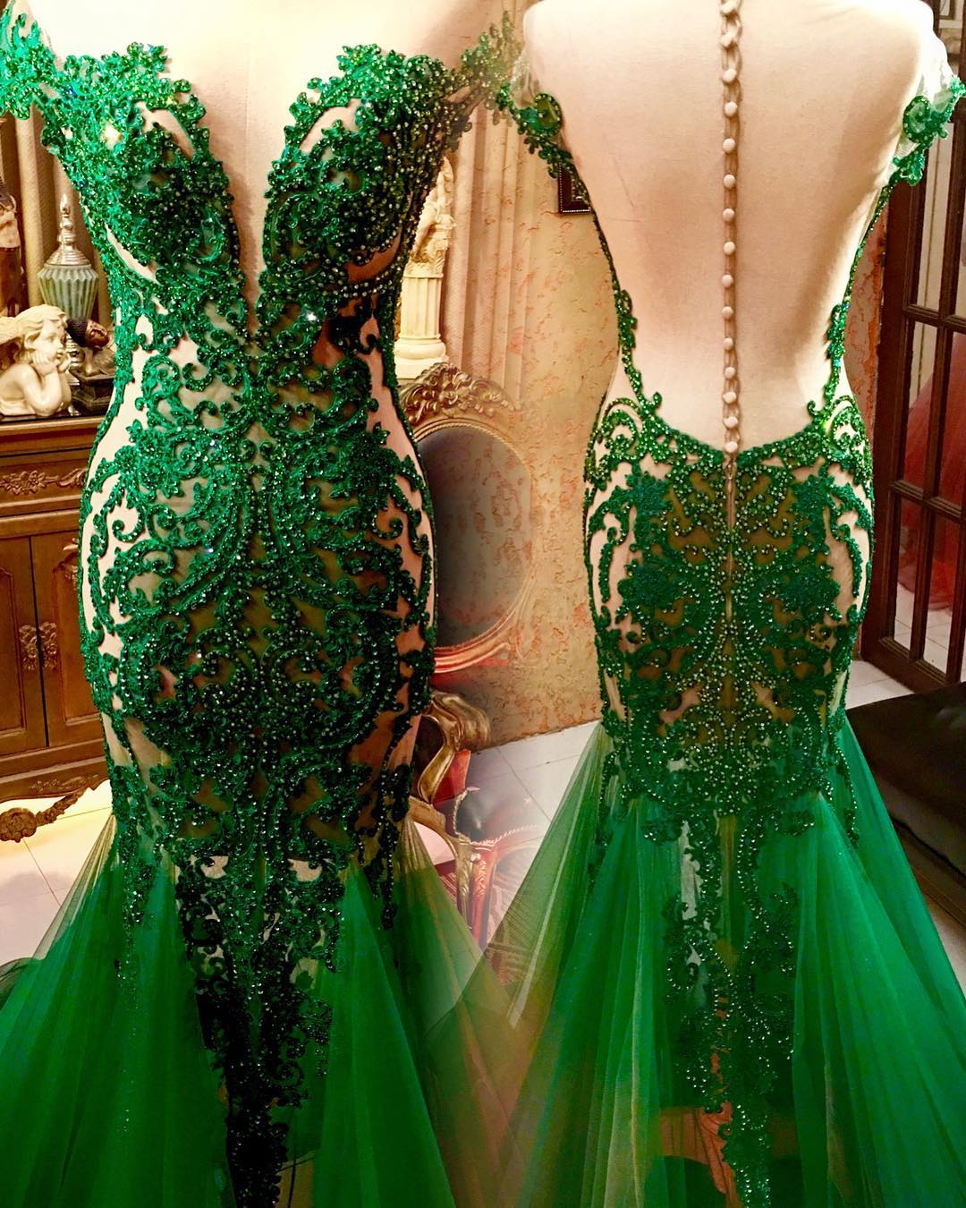 Illusion Back Green Mermaid Prom Dress with Beading   C1471