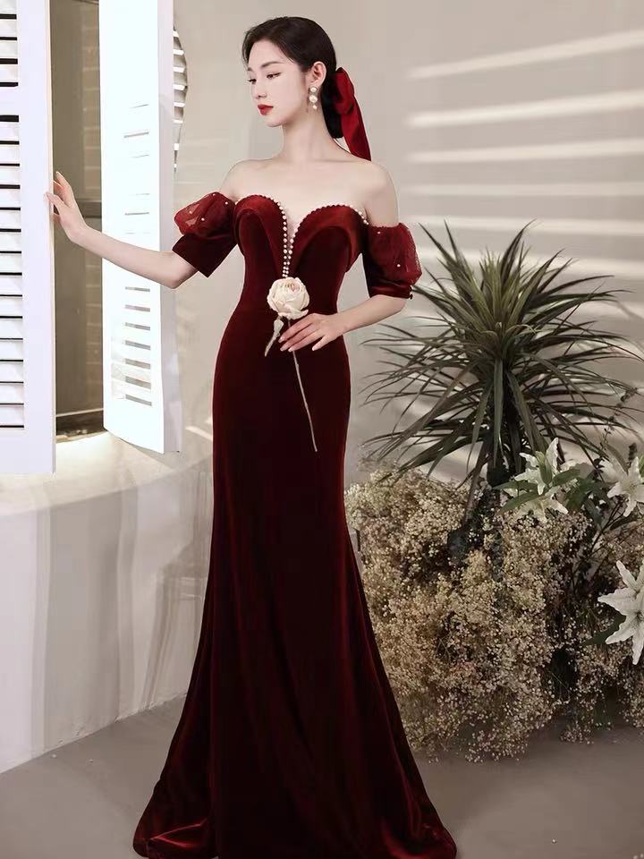 Burgundy party dress,off shoulder evening dress,velvet mermaid long prom dress,backless sexy formal dress,custom made  C2094