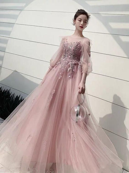 Long sleeve evening dress, fairy dream pink party Long prom Dress C1715
