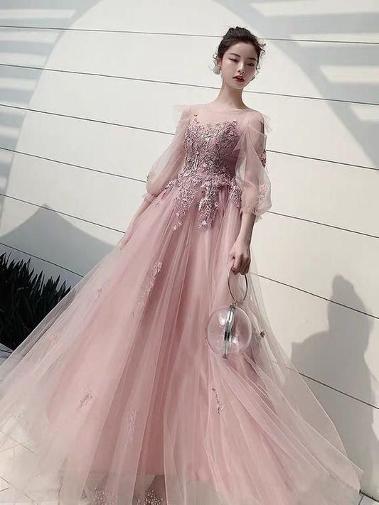 Long sleeve evening dress, fairy dream pink party Long prom Dress C1715