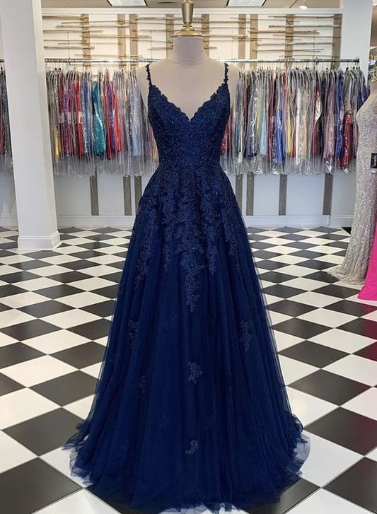 Navy Blue Lace Prom Dress A-Line Tulle Ball Gown Evening Dresses C2270