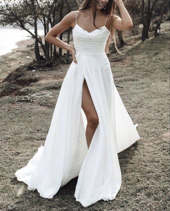 Simple beach chiffon prom dress leg split  C2349