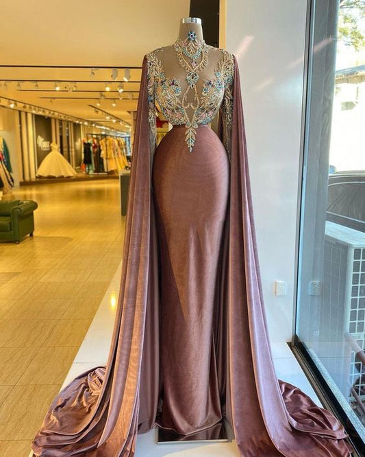 Velvet prom dresses, long sleeve prom dresses, mermaid evening dresses, beaded prom dresses, custom make prom dresses, sexy party dresses C2136