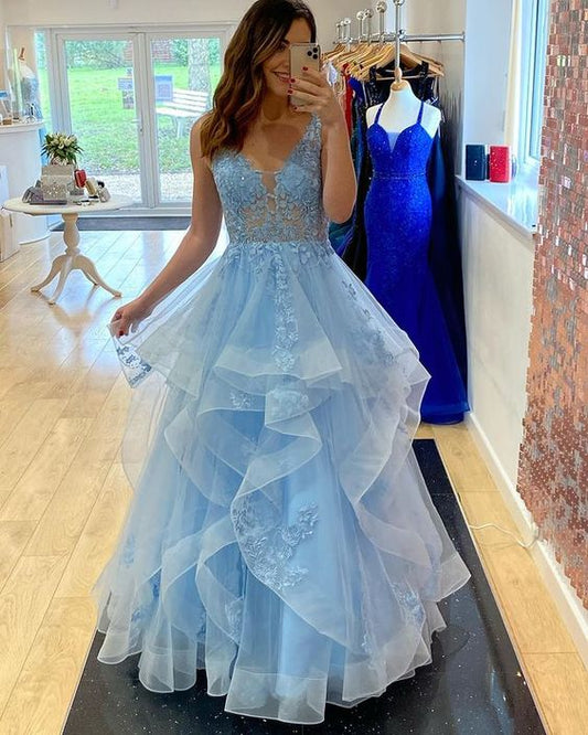 Princess A-Line V Neck Blue Tulle Long Prom Dresses with Appliques C1831