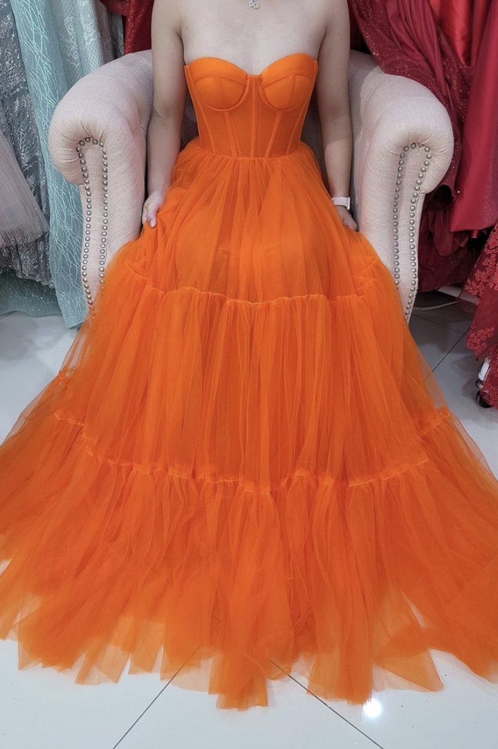 Orange tulle long A line prom dress evening dress  C1319