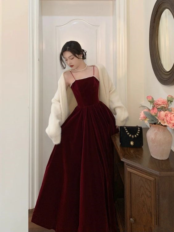 Spaghetti Straps Burgundy Velvet Prom Dress Simple Prom Dress Party Dress C2320