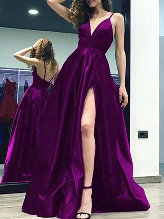 Sexy Side Slit Backless Spaghetti Straps A-line Long Evening Prom Dresses C1666
