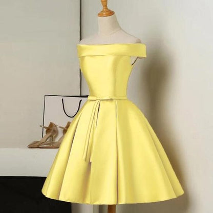 Lovely Yellow Satin Off Shoulder Short Party Dress, Yellow Homecoming Dress C2069