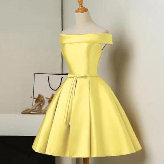 Lovely Yellow Satin Off Shoulder Short Party Dress, Yellow Homecoming Dress C2069