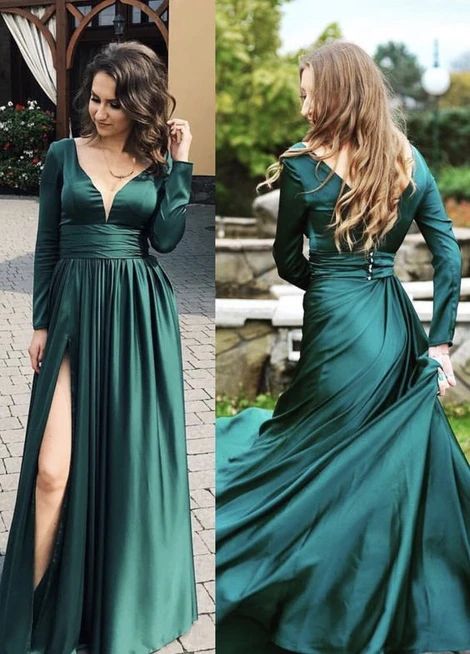 Emerald Green Prom Dresses Long Sleeves Simple Evening Dress C2321