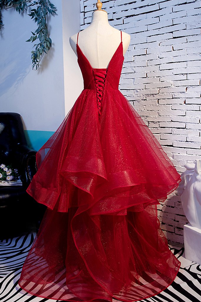 Red Tulle Layered Spaghetti Straps V Neck Lace Up Prom Dress, Evening Dress C1238