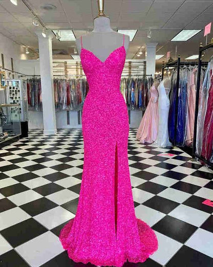 Hot Pink Straps Prom Dress with Slit,Mermaid Prom Dresses,Sexy Party Dresses C1951