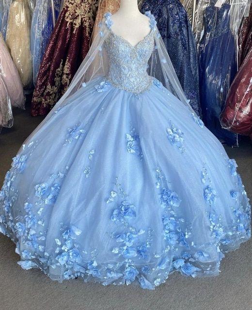 Blue flowers tulle ball gown , chic prom dress  C1805