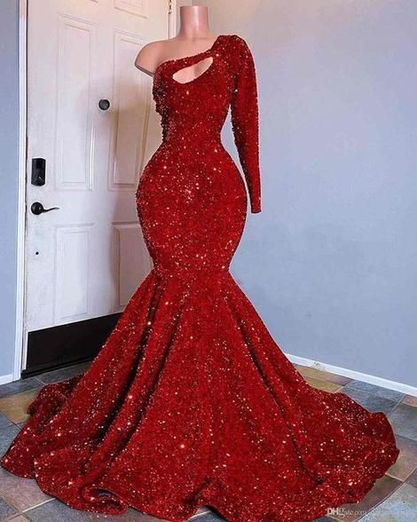 Red Sequined Black Girls Mermaid Prom Dresses, Plus Size One Shoulder Long Sleeve Sequined Keyhole Prom Gowns  C1816