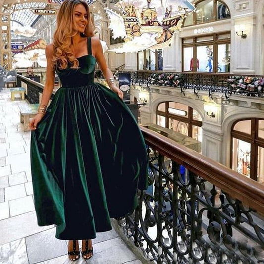 Vintage A-Line Straps Green Velvet Prom Dresses Tea Length Party Dress C2300