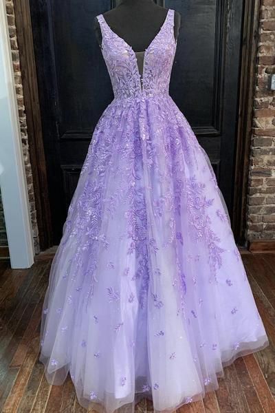 V Neck Purple Lace Long Prom Dress, Long Purple Lace Formal Dress, Lilac Lace Evening Dress C1873