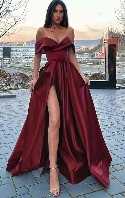 Elegant A Line Satin Off the Shoulder Royal Blue Long Women Formal Prom Dresses Party Gown with Slit C1689