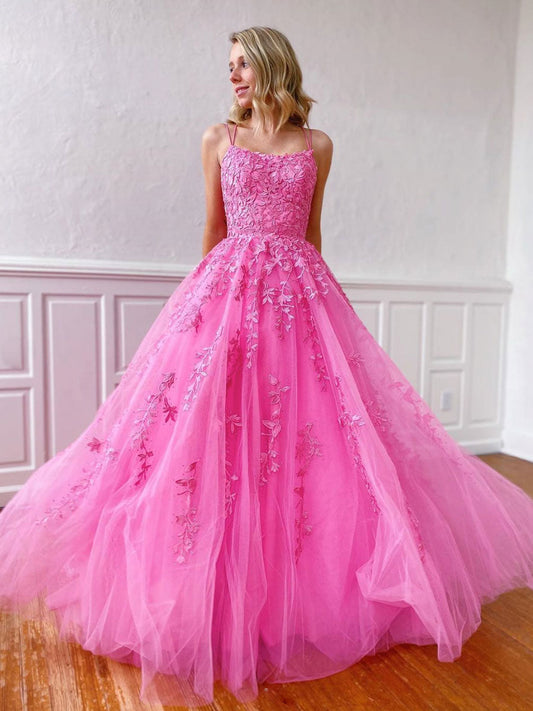 Hot Pink Tulle Lace Long Prom Dress Hot pink Tulle Lace Formal Dress C2308