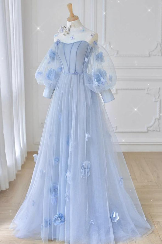 Blue tulle long sleeve prom dress blue evening dress C1860