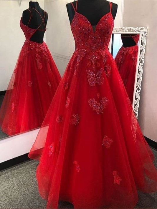 V Neck Backless Red Lace Prom Dresses, Red Open Back Lace Formal Evening Dresses C1953