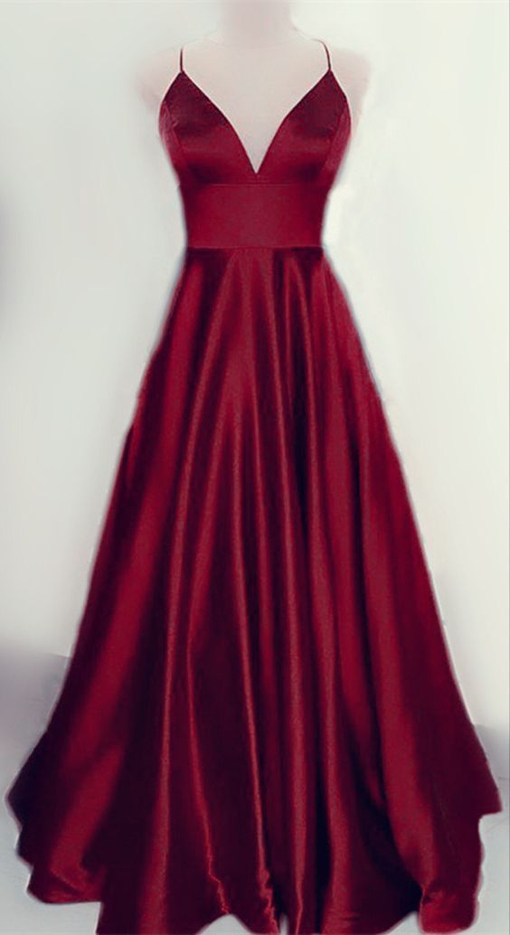 Burgundy spaghetti strapssimple prom dress C2086