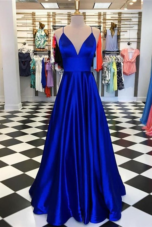 A Line V Neck Royal Blue Prom Dress, Long Satin Evening Party Dress C1746