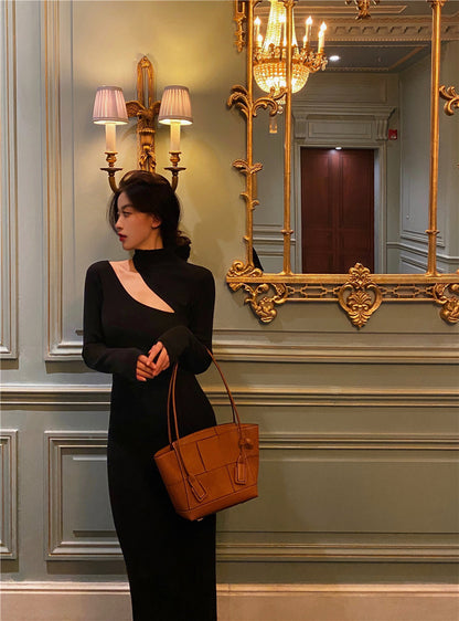 Black Sexy Off Shoulder Dress Women Vintage Elegant Highneck All Match Long Sleeve Bodycon Dresses Femme Party Dress Black Prom Dress c2477