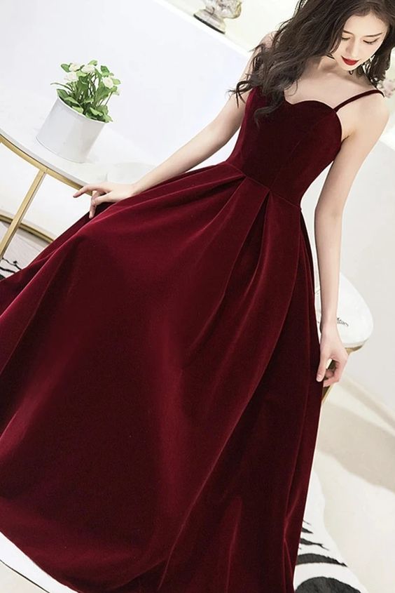 Velvet Straps V-neckline Party Dress, Long Burgundy Prom Dress Evening Dress C1734