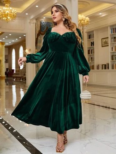 Women Plus Sweetheart Neck Lantern Sleeve Ruched Velvet Prom Dress C2048