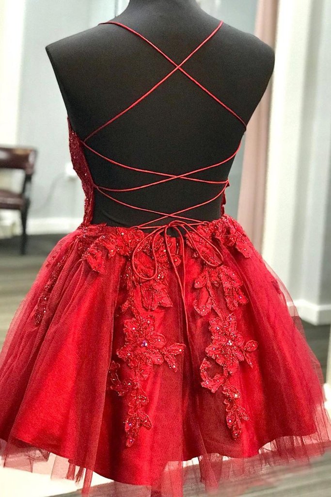 Straps Lace Appliqued Red Short Homecoming Dress C706