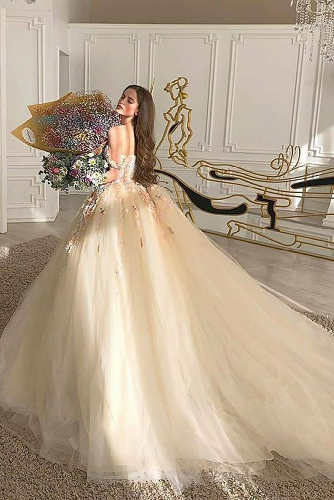 Gorgeous Off Shoulder Champagne Lace Floral Prom Dress, Long 3D Flower Champagne Formal Evening Dress, Champagne Ball Gown  C1233