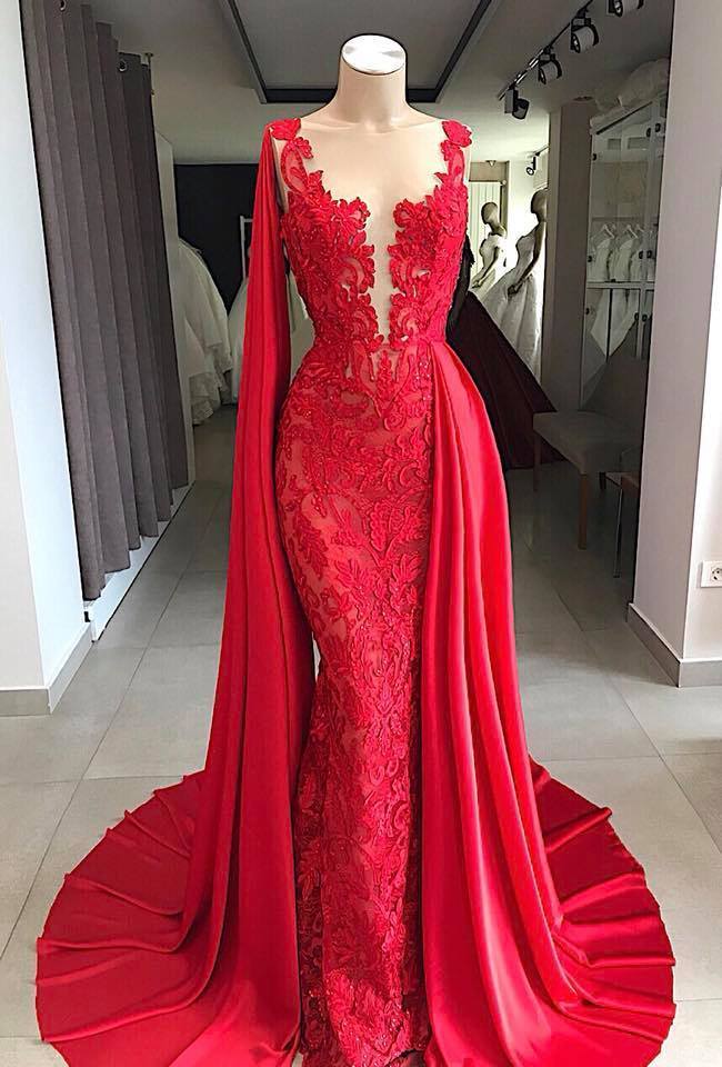 Lace Long Evening Dresses Sleeveless Red Prom Dresses  C1984