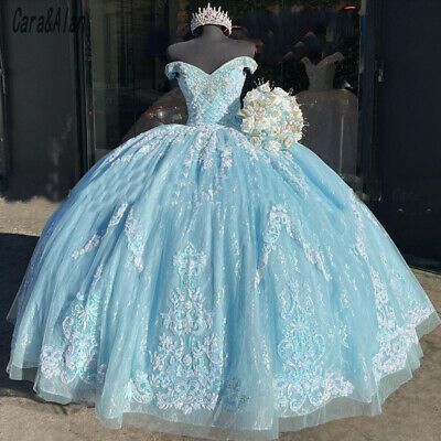 Blue Quinceanera Dress Lace Applique Beaded Bling Organza Off Shoulder Sweet 16 Dress ,Blue Ball Gown C1918