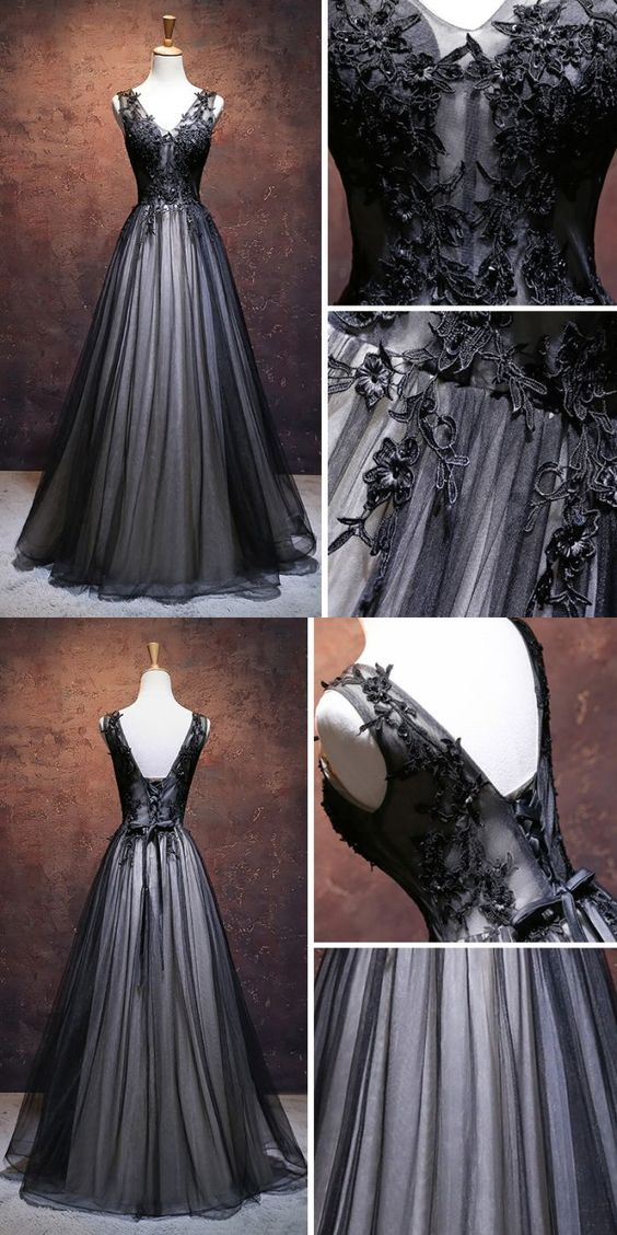 A-line V Neck Black Lace Tulle Prom Dress C1772