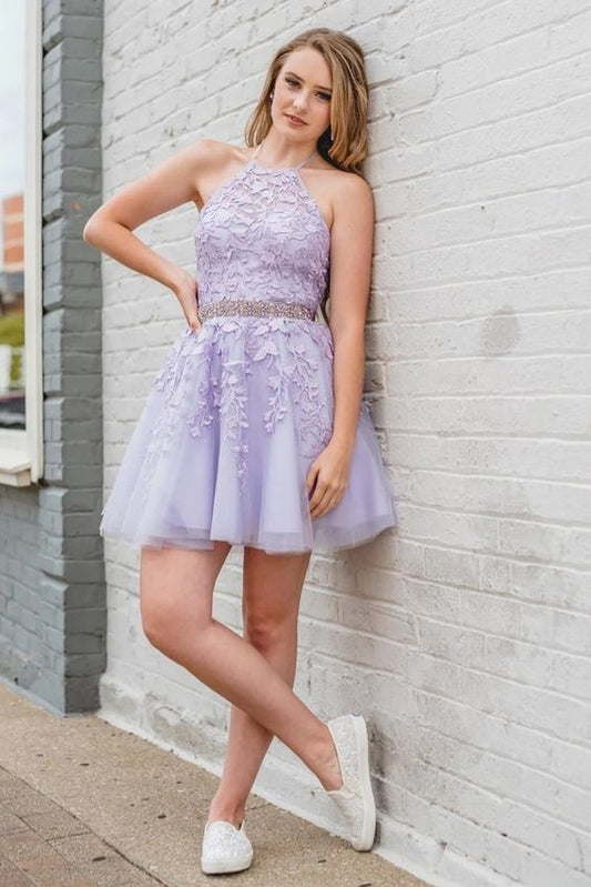 Short lilac homecoming dress features with crew neck, lace applique, beading belt and lace up back.C1027