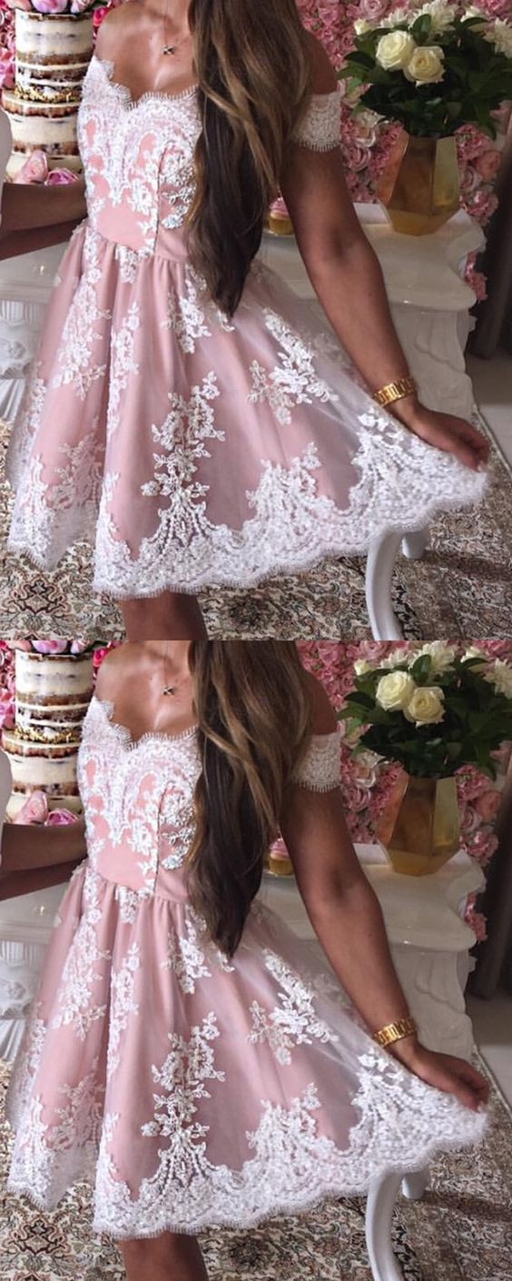 Lace Appliques V-neck Off Shoulder Homecoming Dresses c2998