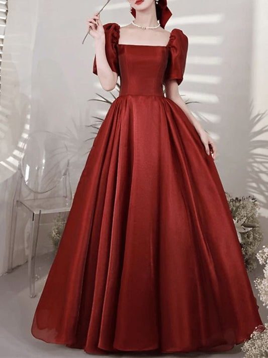 A-Line Elegant Vintage Prom Formal Evening Dress Square Neck Short Sleeve Floor Length Satin with Pleats c2915