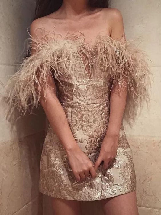 Stylish Off-The-Shoulder Printed Feathers Backless Evening Mini Party Dress c3074