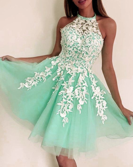Short Halter Junior Homecoming Dresses Lace Mint Green c3084